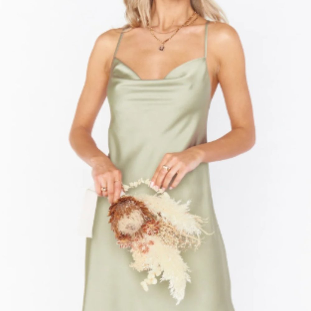 show me your mumu moss green luxe satin verona cowl dress size small
